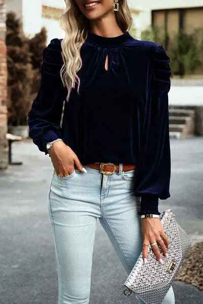 Mock Neck Velvet Long Sleeve Blouse