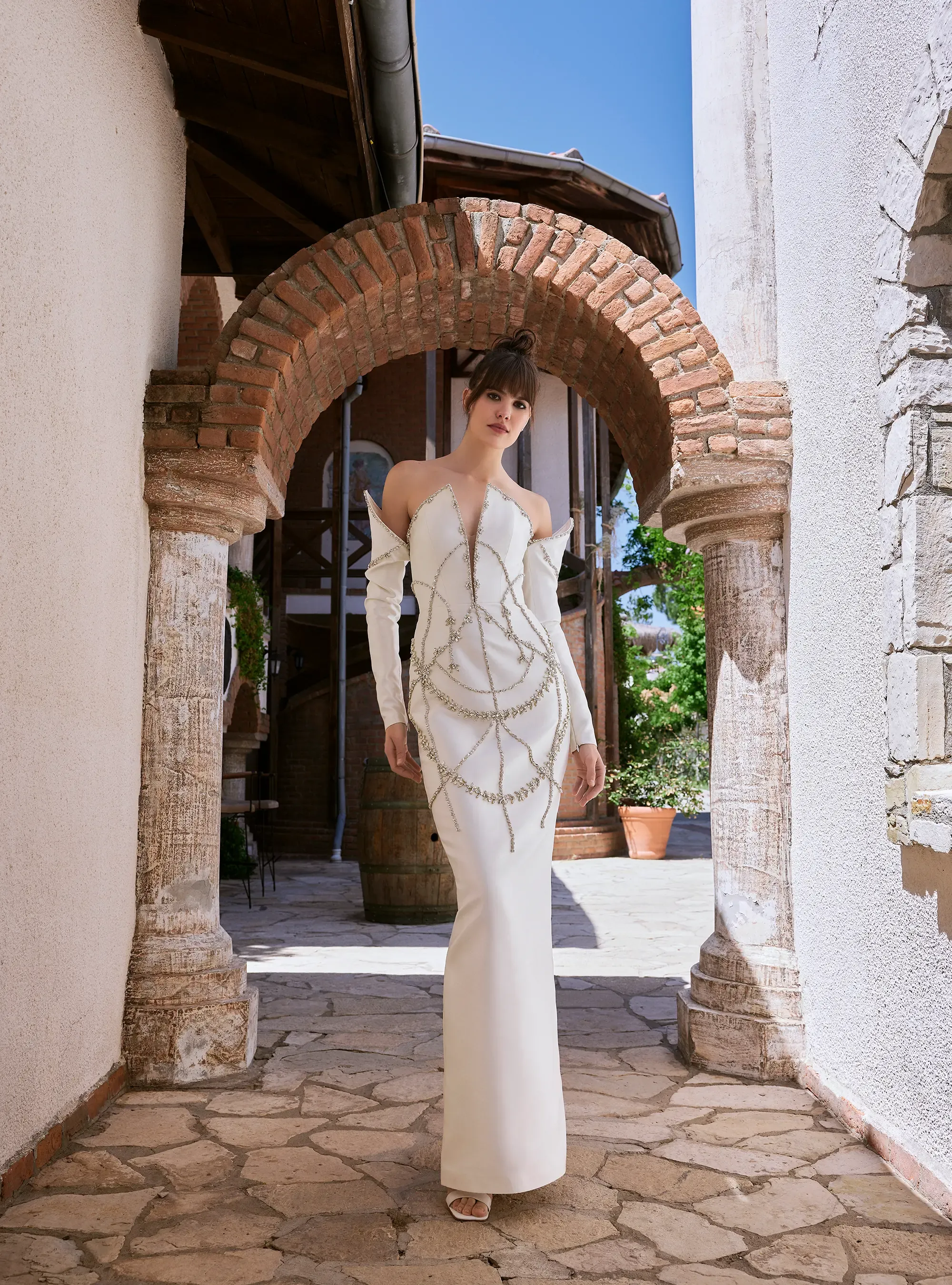 Modern Elegance Satin Bridal Gown with Classic Crystal Embroidery