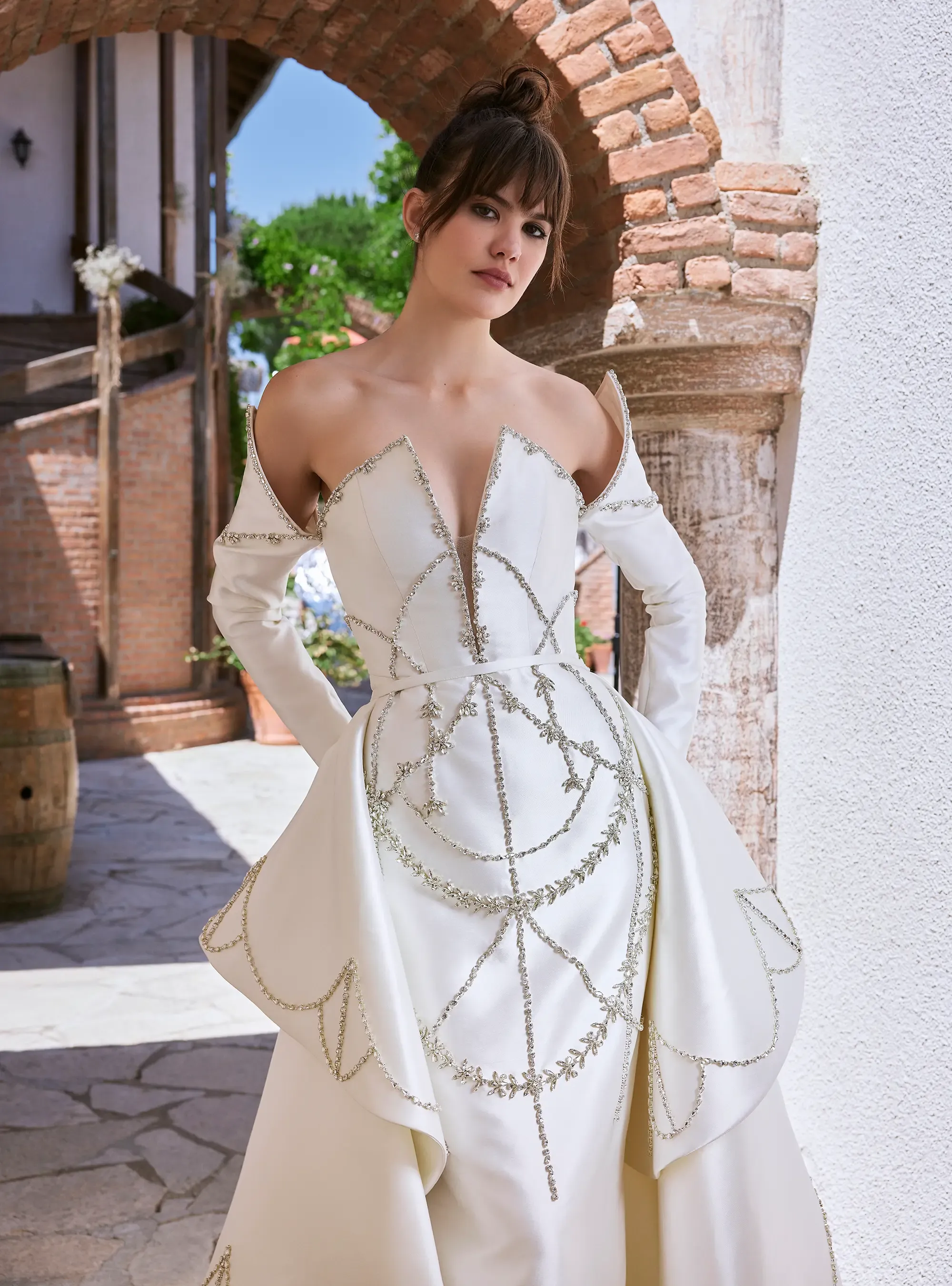 Modern Elegance Satin Bridal Gown with Classic Crystal Embroidery