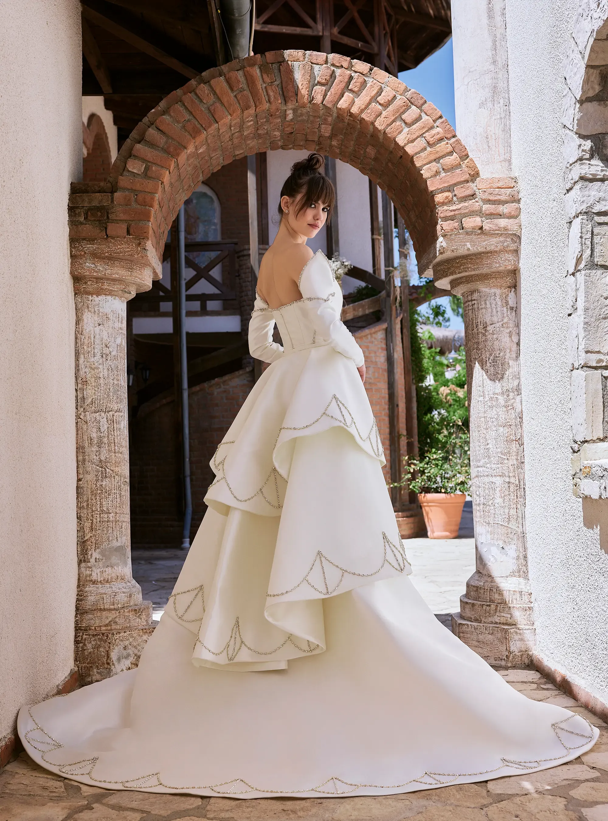 Modern Elegance Satin Bridal Gown with Classic Crystal Embroidery