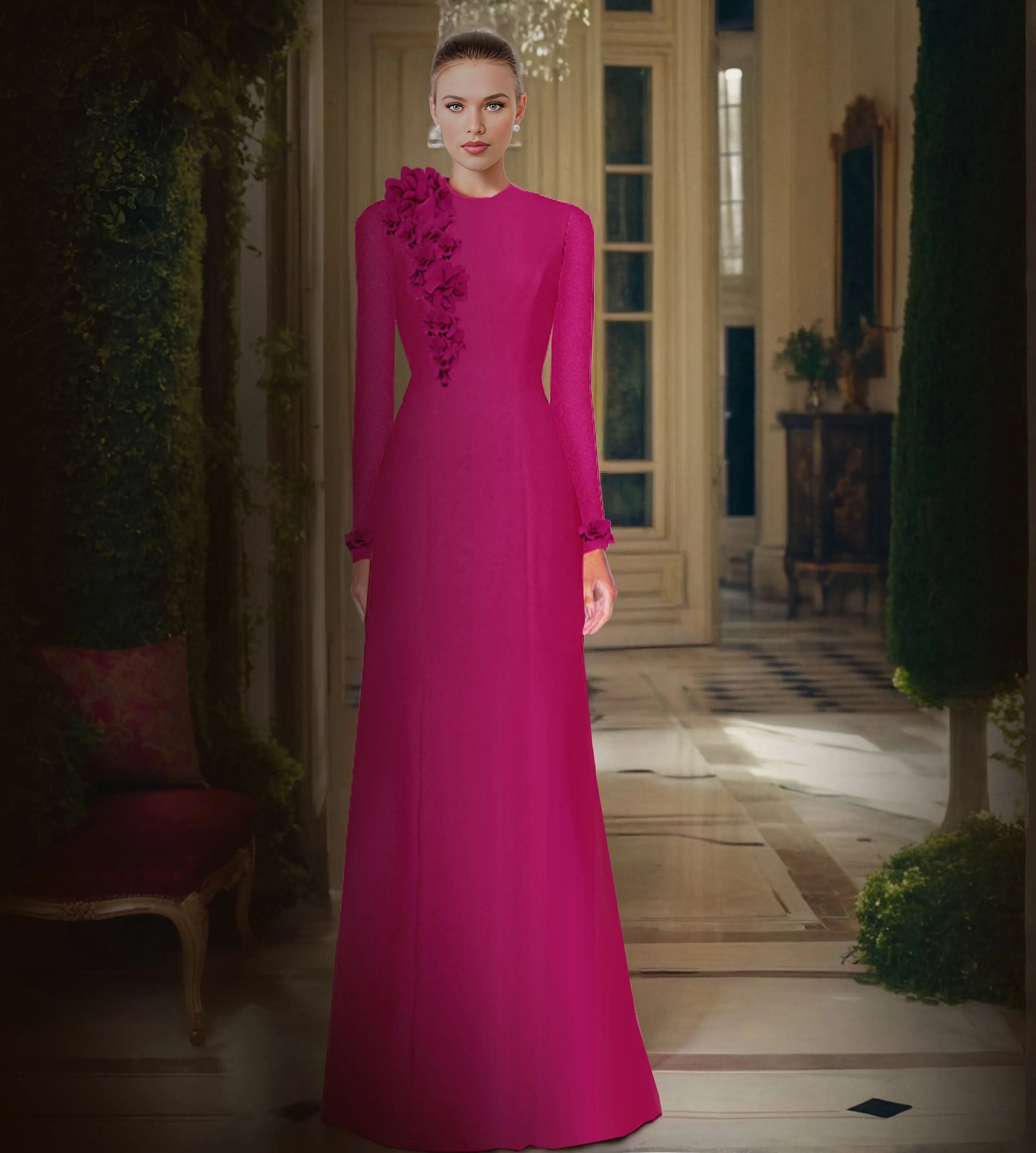 Modern Modest Gown With Petals Design