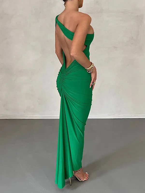 Momnfancy Irregular Backless Off-shoulder Bodycon Ruched Oblique Shoulder Elegant Evening Photoshoot Baby Shower Maternity Maxi Dress