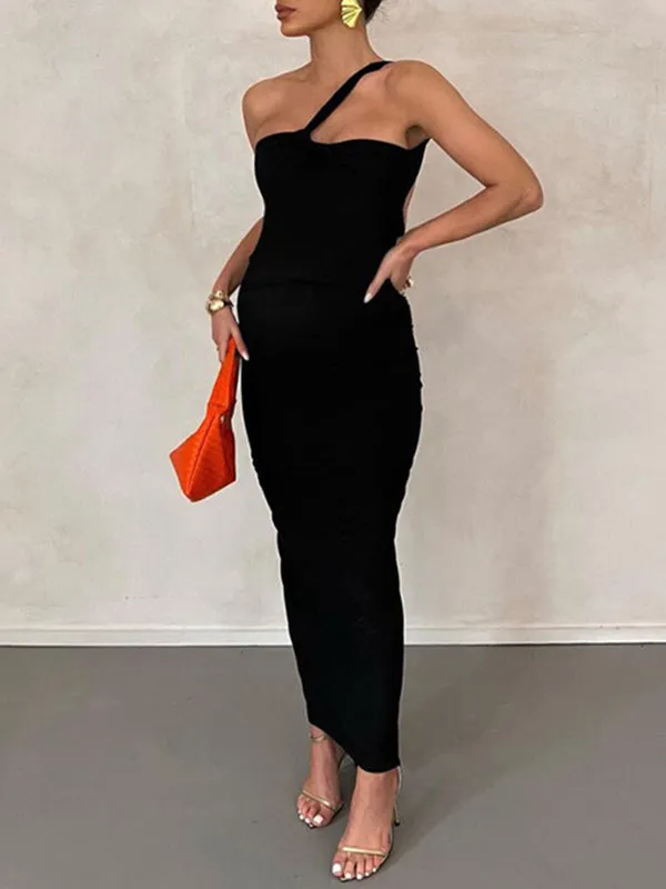 Momnfancy Irregular Backless Off-shoulder Bodycon Ruched Oblique Shoulder Elegant Evening Photoshoot Baby Shower Maternity Maxi Dress