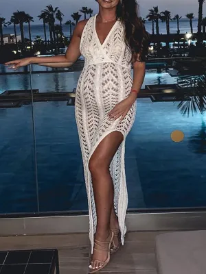 Momnfancy White Crochet Sheer Cut Out Side Slit Backless Bodyon Elegant Beach Vacation Cover Up Maternity Photoshoot Baby Shower Party Maxi Dress