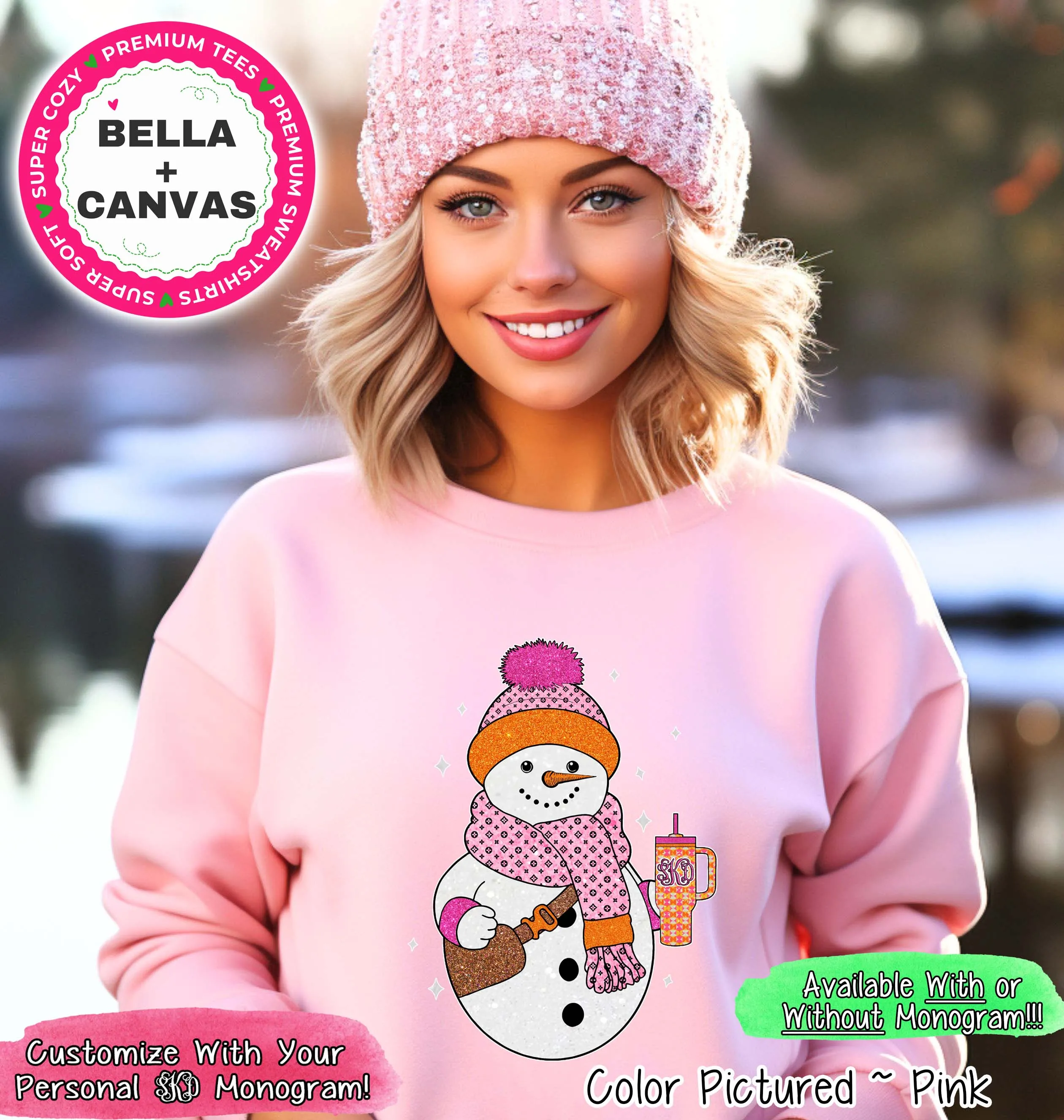 Monogram Snowman with Crossbody and Cup Winter Tee or Sweatshirt