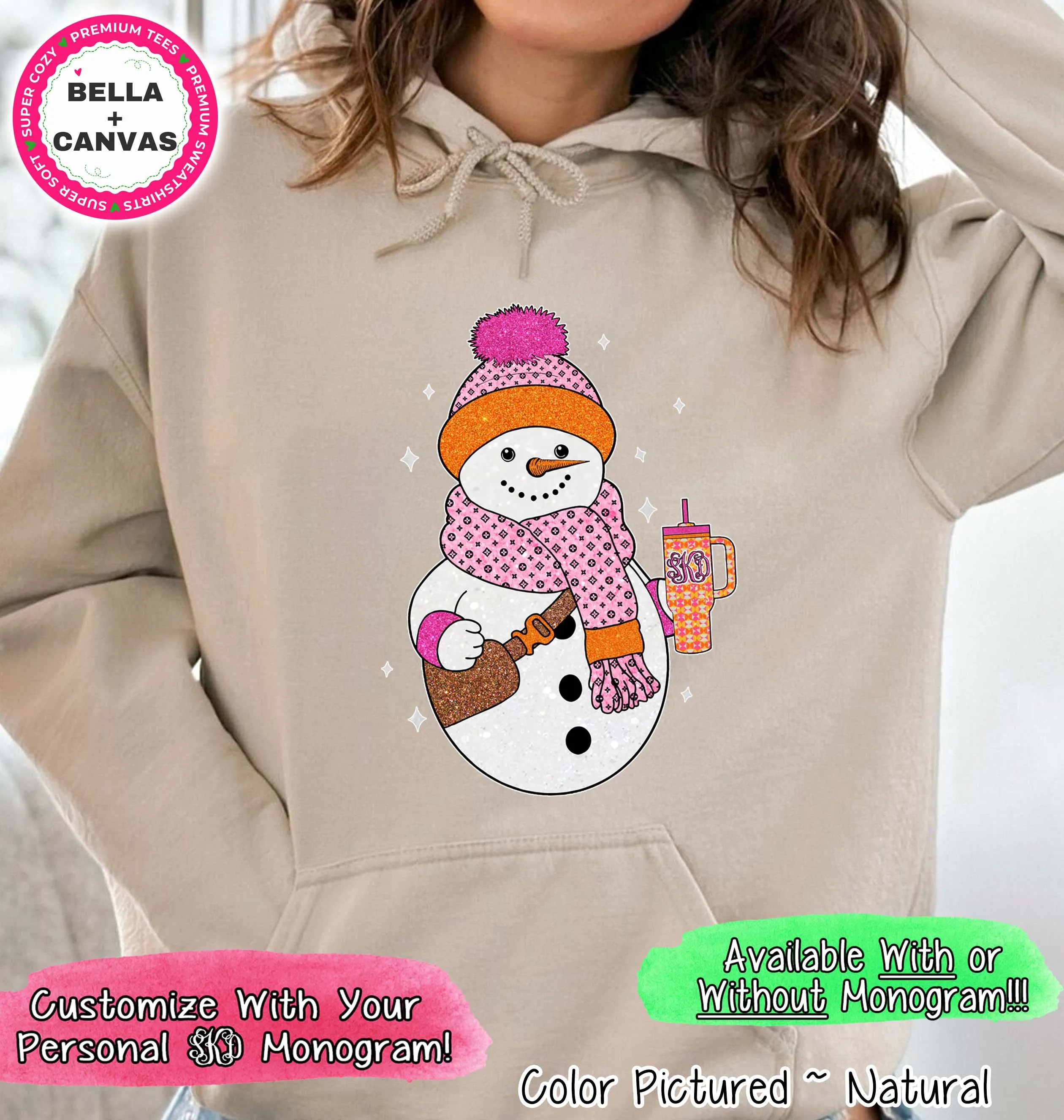 Monogram Snowman with Crossbody and Cup Winter Tee or Sweatshirt