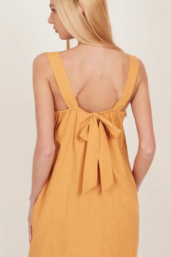 Mustard Open Tie Back One Piece Button Tunic Dress