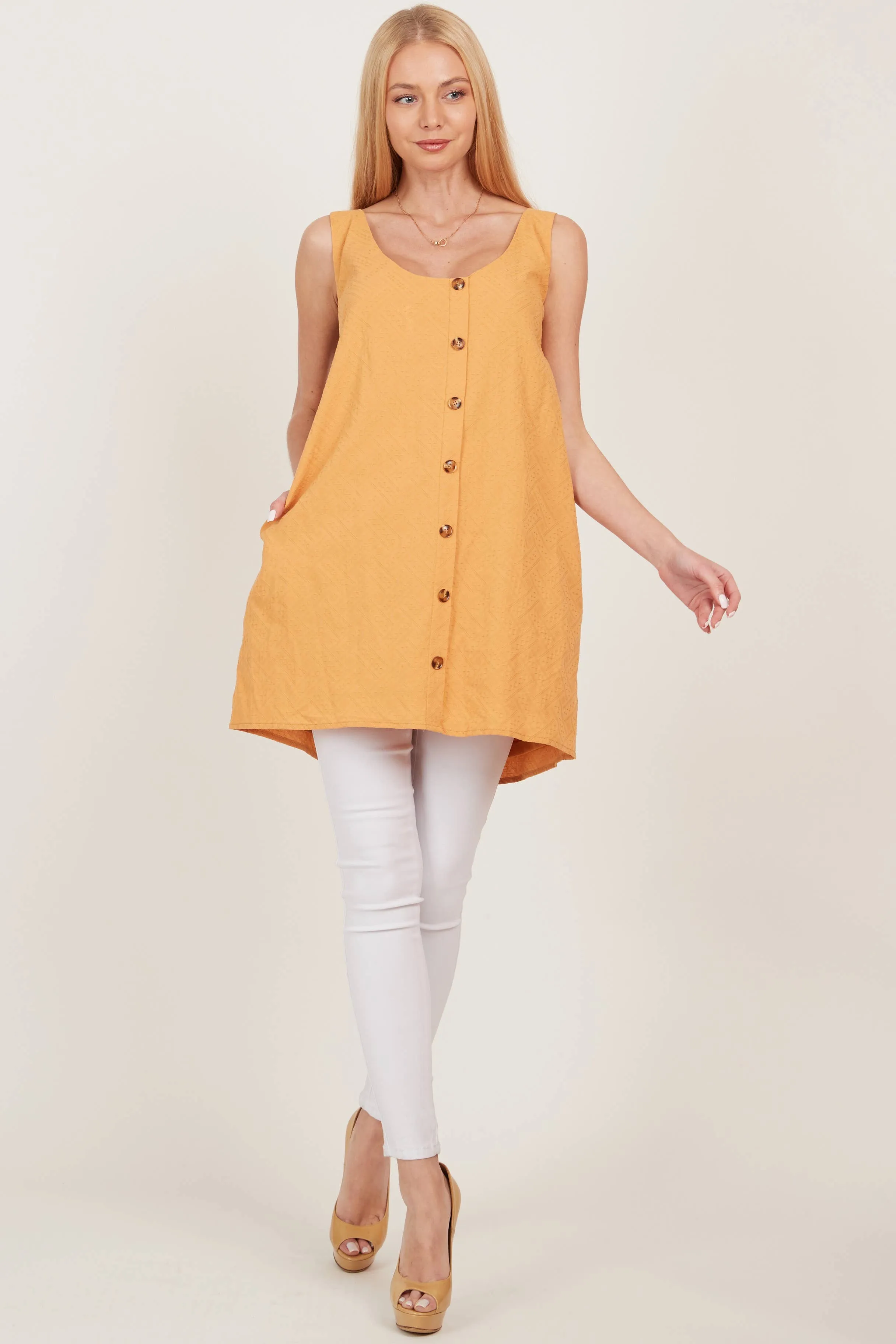 Mustard Open Tie Back One Piece Button Tunic Dress