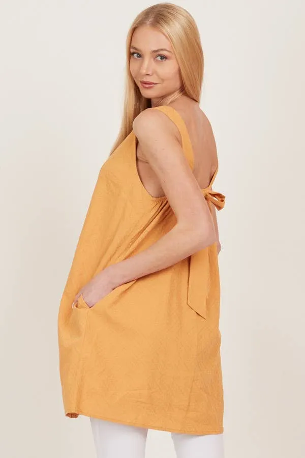 Mustard Open Tie Back One Piece Button Tunic Dress