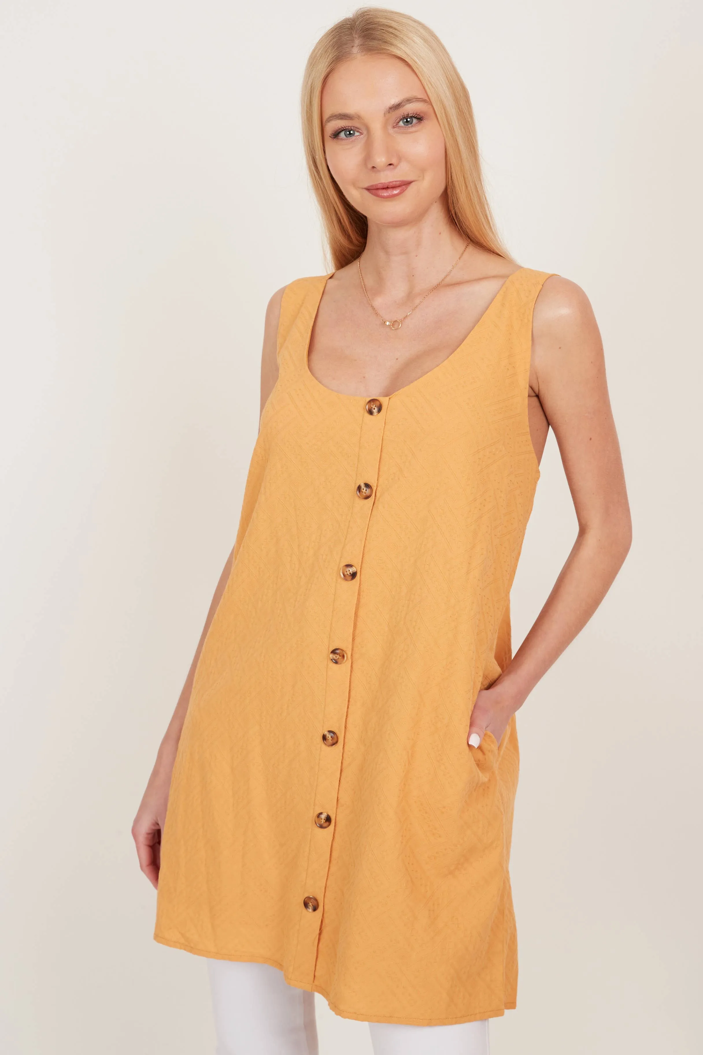 Mustard Open Tie Back One Piece Button Tunic Dress