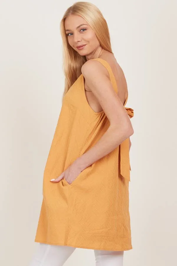 Mustard Open Tie Back One Piece Button Tunic Dress