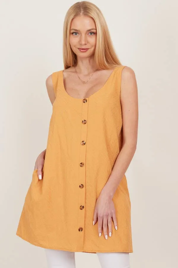 Mustard Open Tie Back One Piece Button Tunic Dress