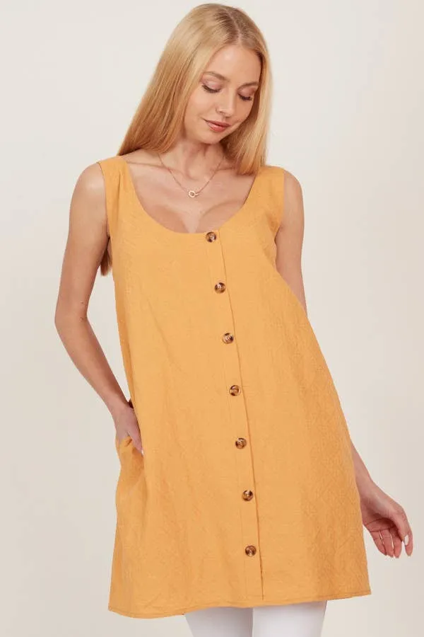 Mustard Open Tie Back One Piece Button Tunic Dress