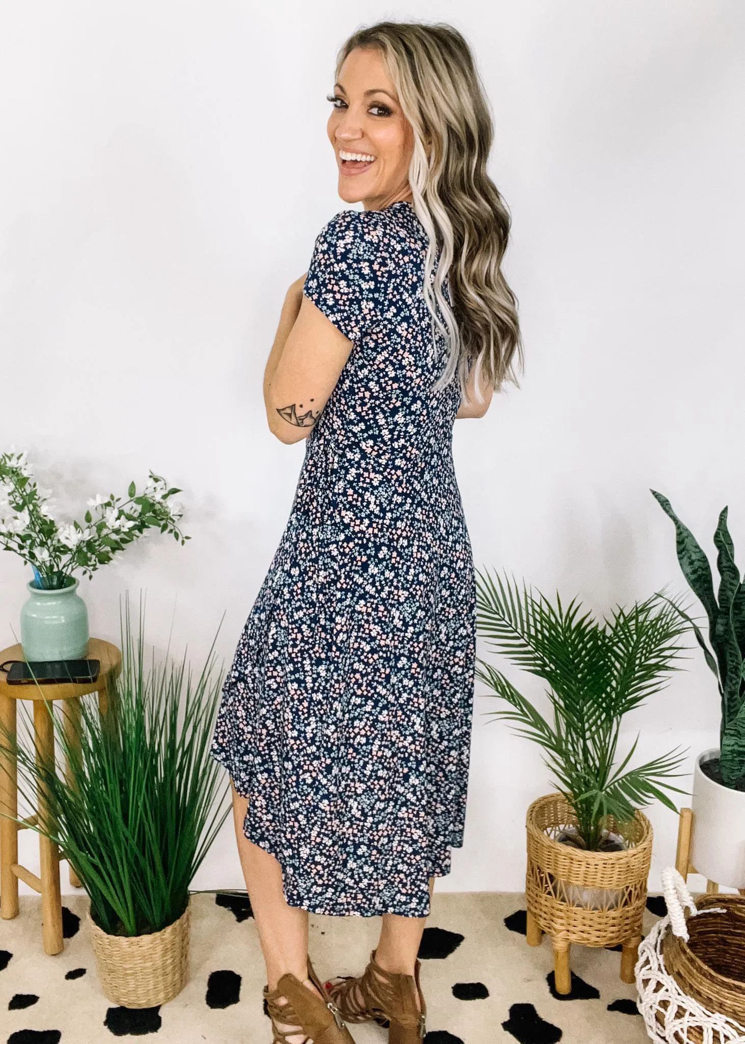 Navy Multi Color Ditsy Print Midi Dress