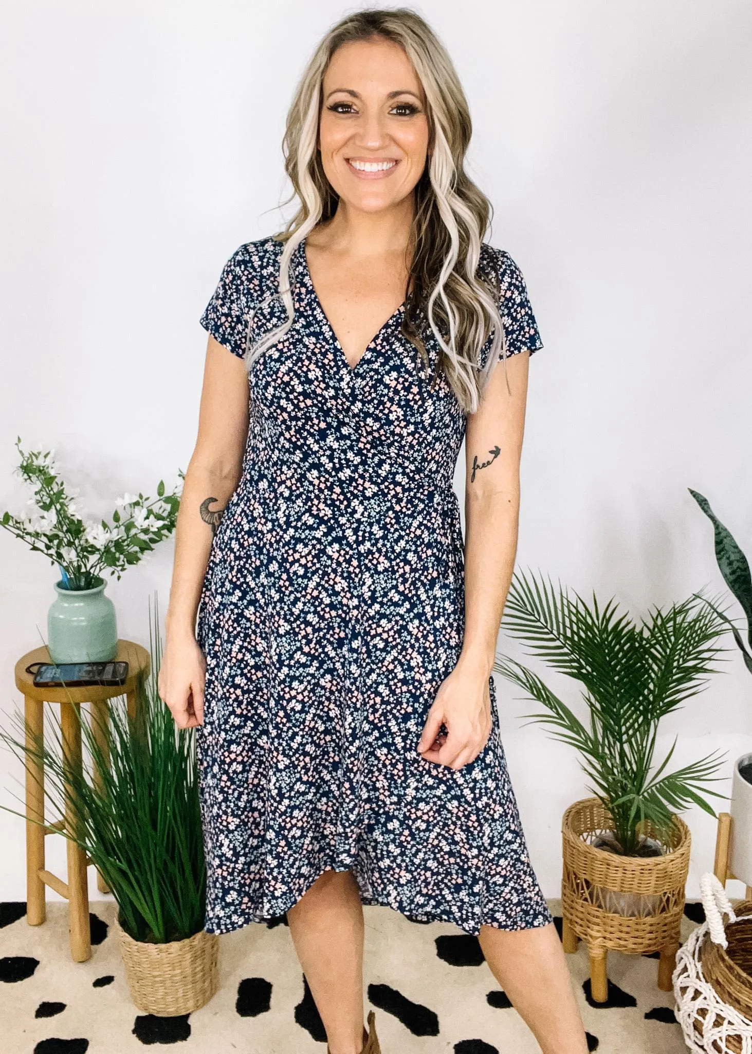 Navy Multi Color Ditsy Print Midi Dress