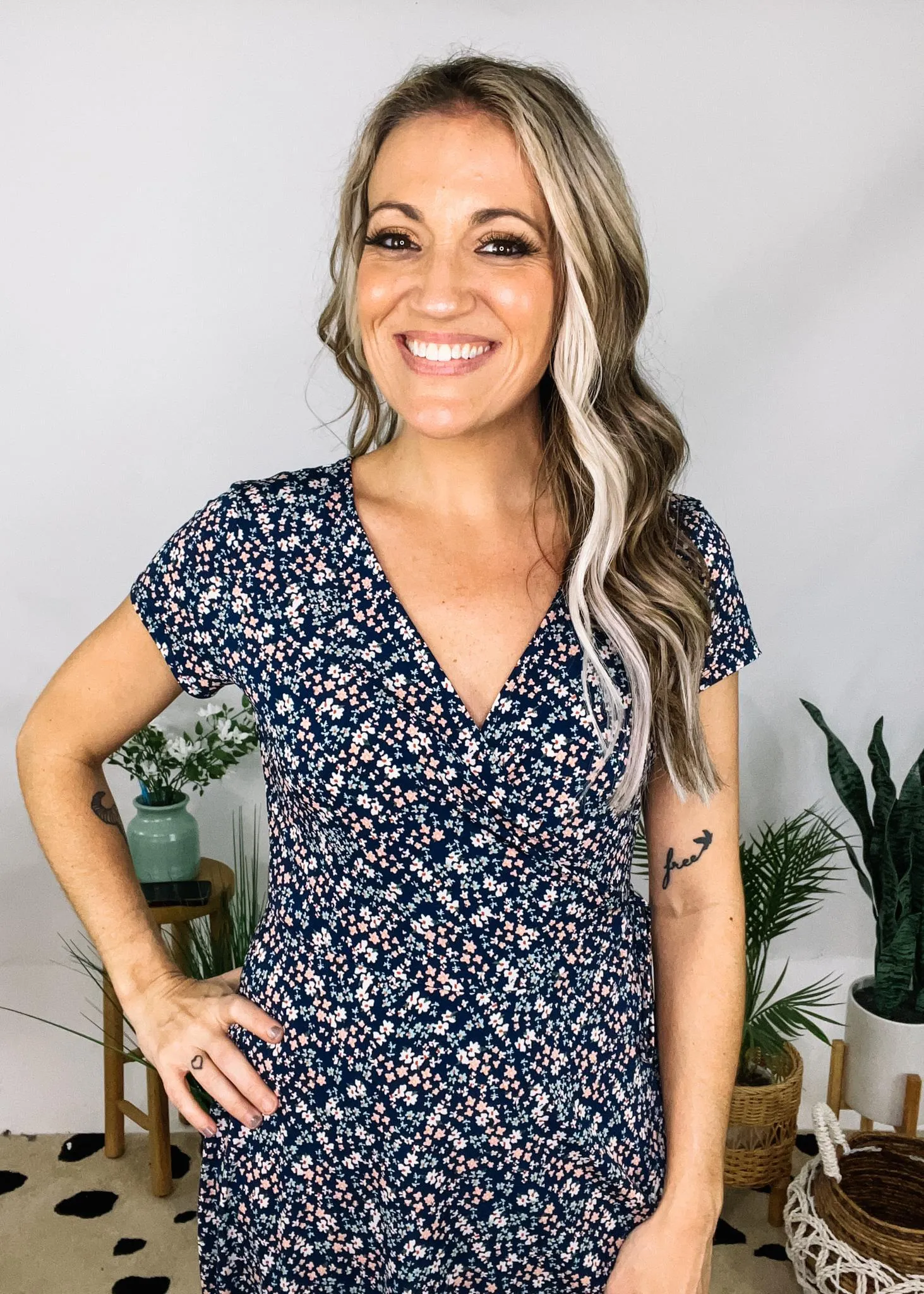 Navy Multi Color Ditsy Print Midi Dress