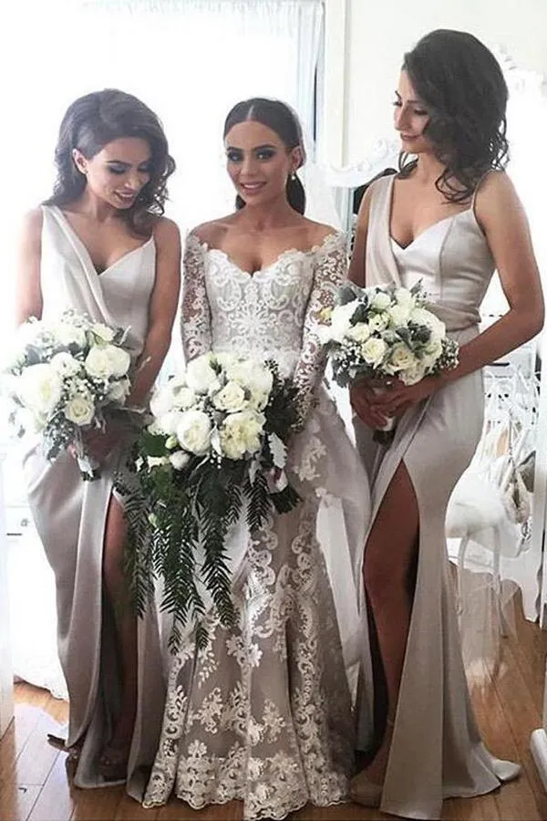New Arrival Soft Satin Special Long Bridesmaid Dresses with Side Slit, MB191