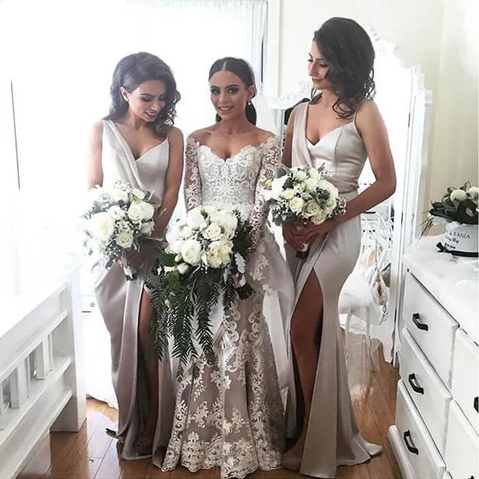 New Arrival Soft Satin Special Long Bridesmaid Dresses with Side Slit, MB191