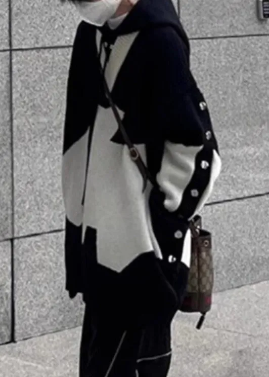 New Men Black Hooded Knit Sweaters Patchwork Cozy Spring