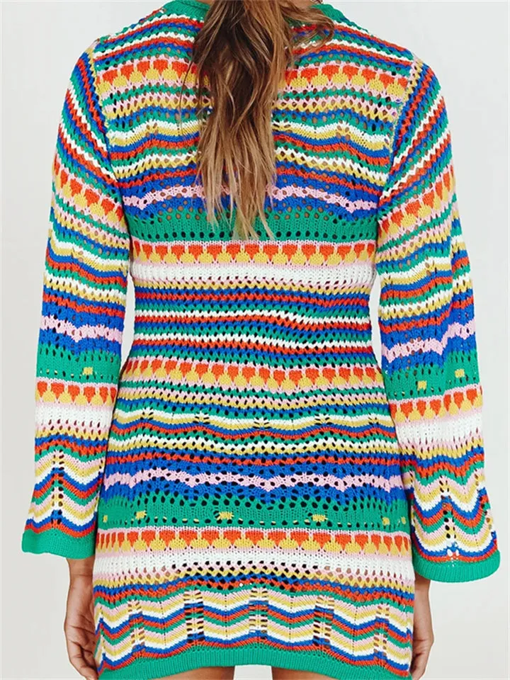 New Trendy Striped Knitted Long Sleeve Crochet Dresses