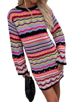 New Trendy Striped Knitted Long Sleeve Crochet Dresses