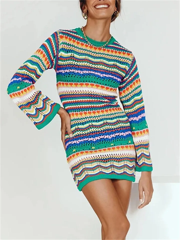 New Trendy Striped Knitted Long Sleeve Crochet Dresses