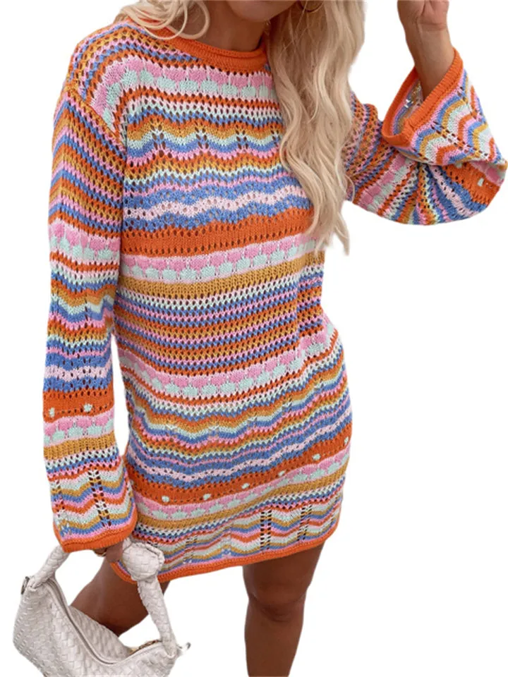 New Trendy Striped Knitted Long Sleeve Crochet Dresses