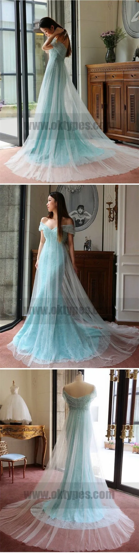 Off-shoulder Light Blue Evening Prom Dresses, Trendy Long Mermaid Lace Zipper Dresses, TYP0725