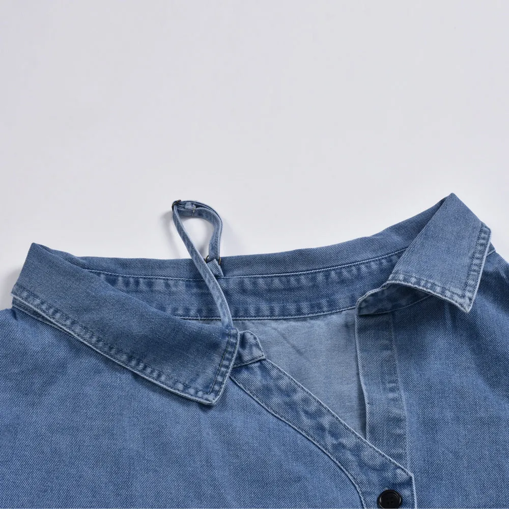 Off Shoulder Sling Lantern Sleeve Single-breasted Denim Shirt Mini Dresses