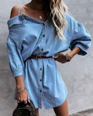 Off Shoulder Sling Lantern Sleeve Single-breasted Denim Shirt Mini Dresses