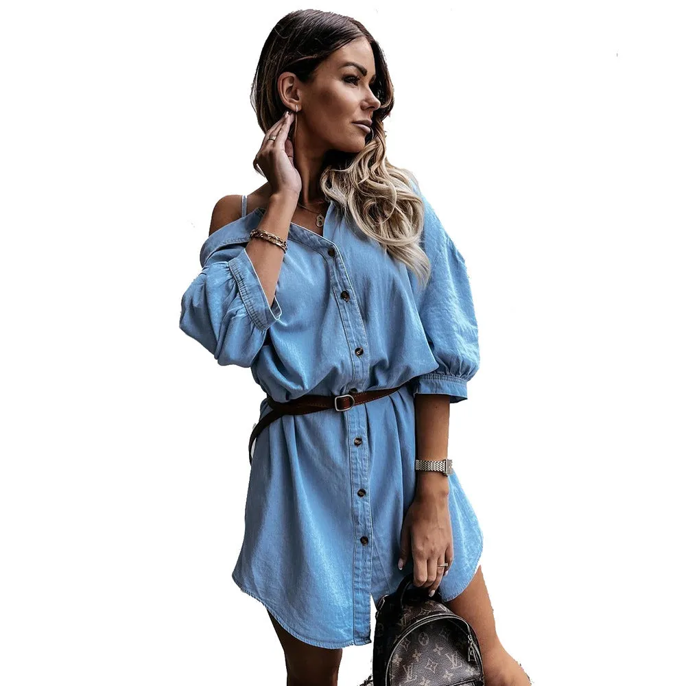 Off Shoulder Sling Lantern Sleeve Single-breasted Denim Shirt Mini Dresses