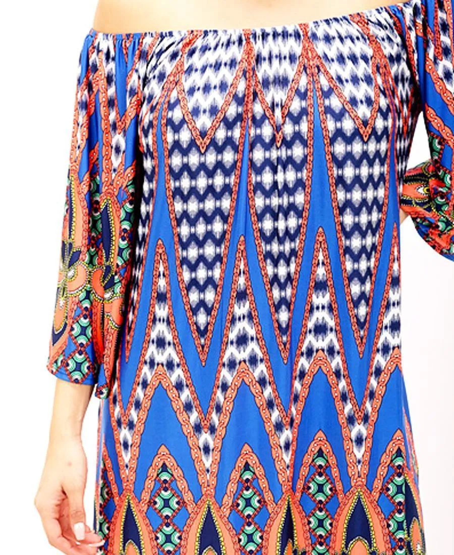 Off Shoulder Tunic Dress Chains Chevron Navy Orange
