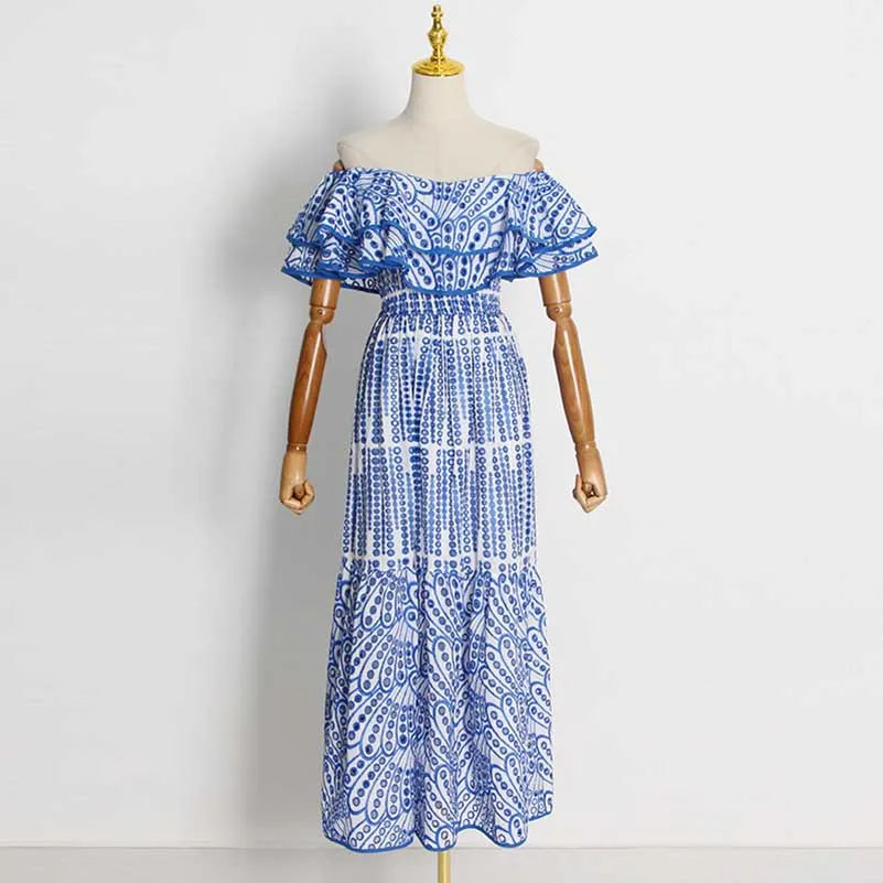 Off-the-shoulder Ruffled Midi Dress Beach Party Long Dress Embroidered Dress