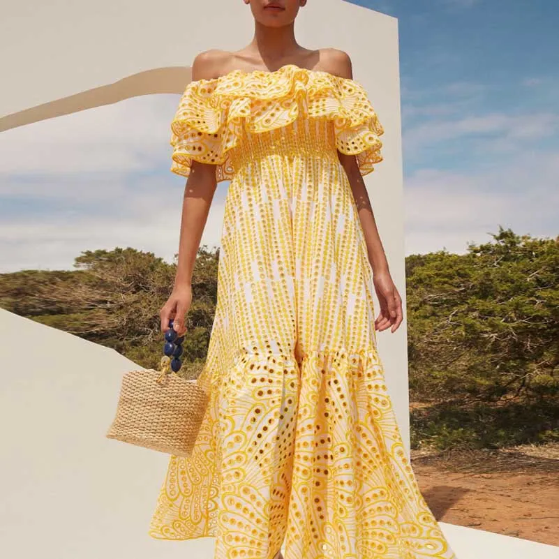 Off-the-shoulder Ruffled Midi Dress Beach Party Long Dress Embroidered Dress