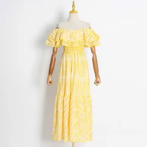 Off-the-shoulder Ruffled Midi Dress Beach Party Long Dress Embroidered Dress