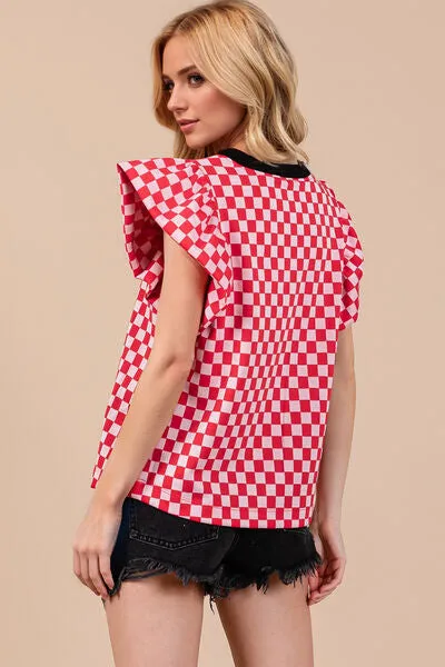 Oh Checkered Round Neck Puff Sleeve Blouse