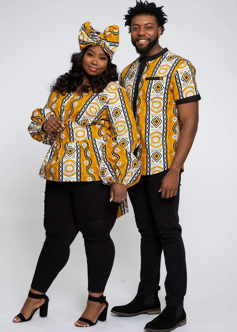 Omi Women's African Print V-Neck Peplum Blouse (Gold White Mudcloth)- Clearance