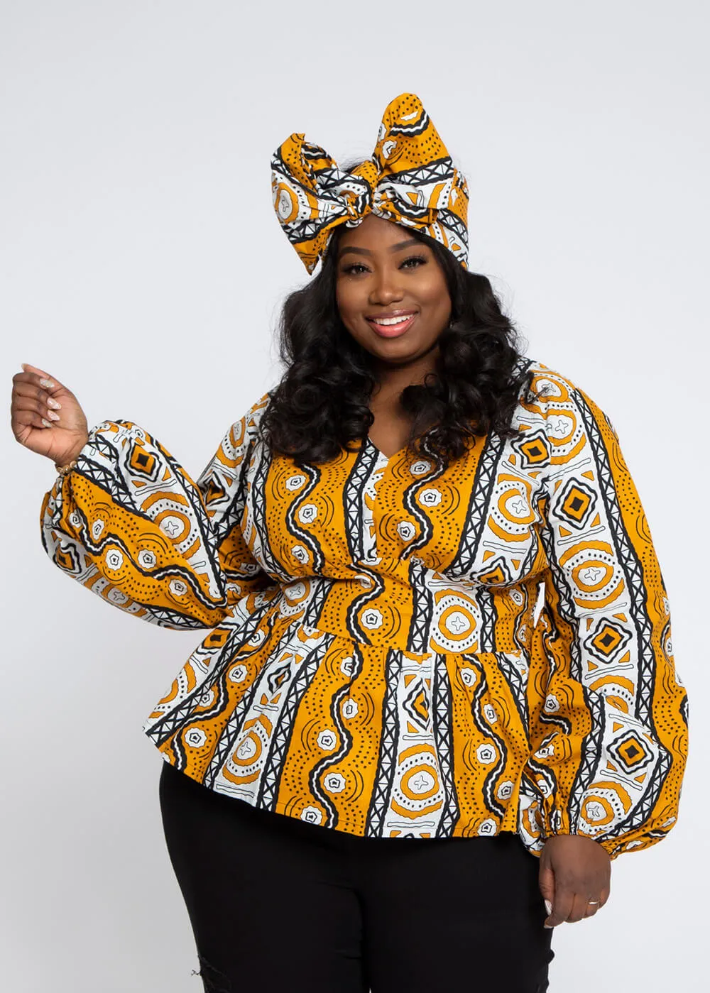 Omi Women's African Print V-Neck Peplum Blouse (Gold White Mudcloth)- Clearance