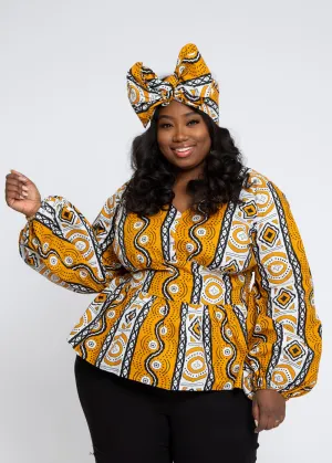 Omi Women's African Print V-Neck Peplum Blouse (Gold White Mudcloth)- Clearance