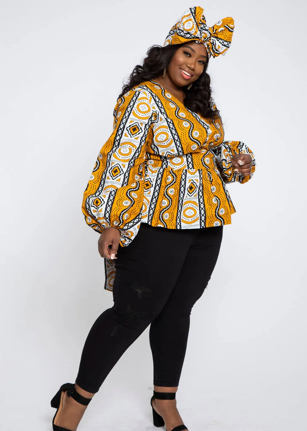 Omi Women's African Print V-Neck Peplum Blouse (Gold White Mudcloth)- Clearance