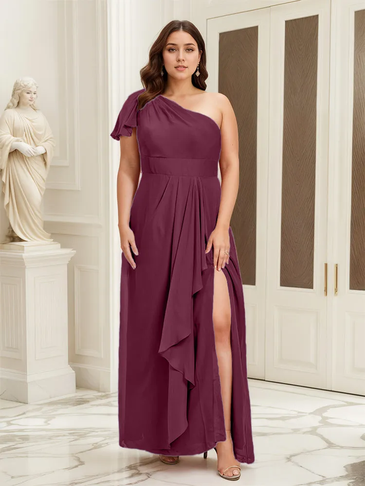 One Shoulder A Line Slit Plus Size Bridesmaid Dress