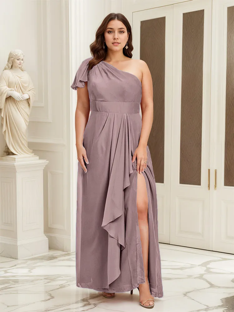 One Shoulder A Line Slit Plus Size Bridesmaid Dress