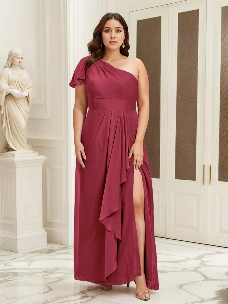 One Shoulder A Line Slit Plus Size Bridesmaid Dress