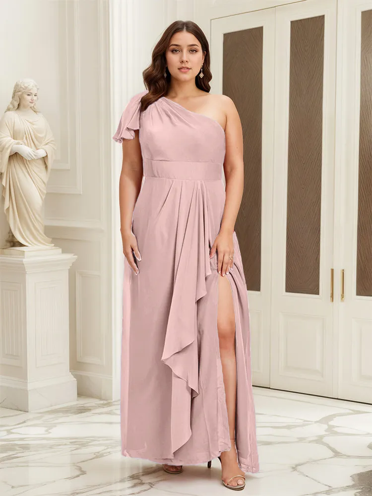 One Shoulder A Line Slit Plus Size Bridesmaid Dress