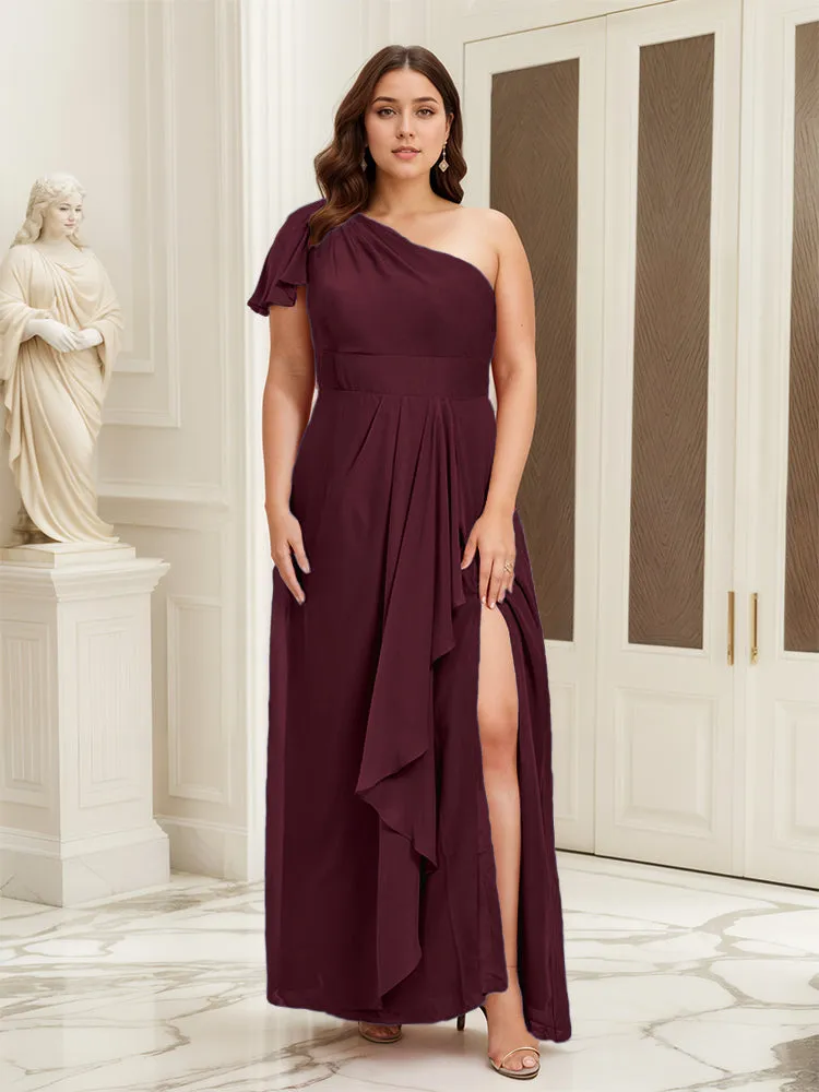 One Shoulder A Line Slit Plus Size Bridesmaid Dress