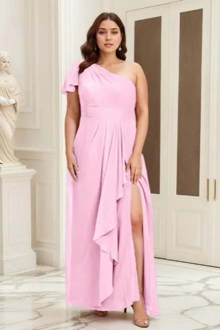 One Shoulder A Line Slit Plus Size Bridesmaid Dress