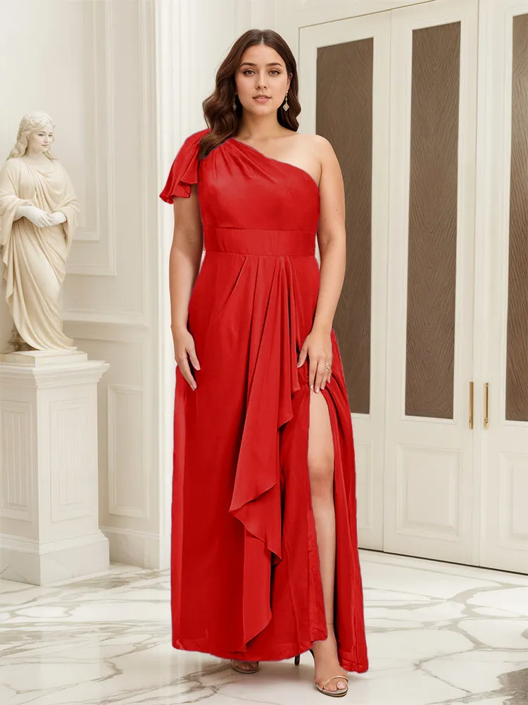 One Shoulder A Line Slit Plus Size Bridesmaid Dress