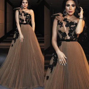 one shoulder prom dresses long black lace appliqué tulle elegant brown prom gown robe de soiree