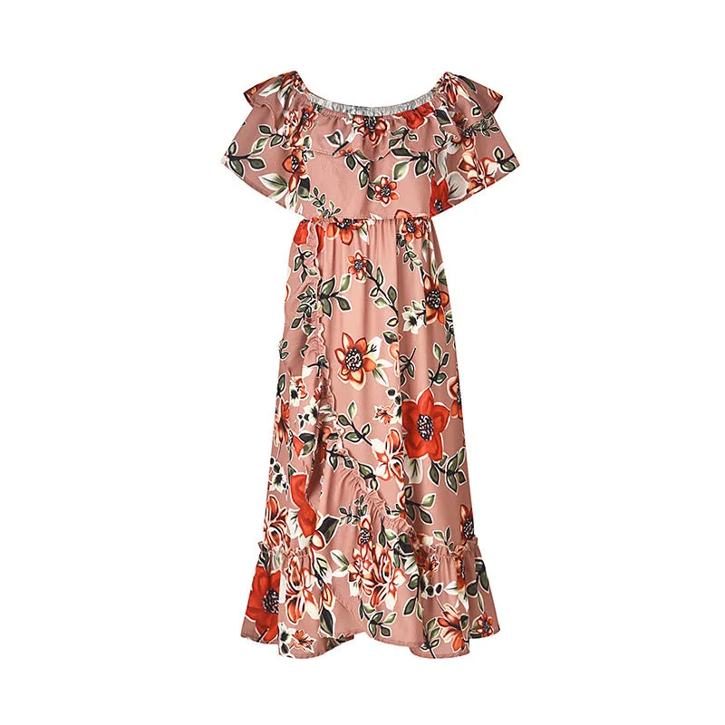 One-shoulder Wrapped Chest Ruffled Chiffon Print Dress