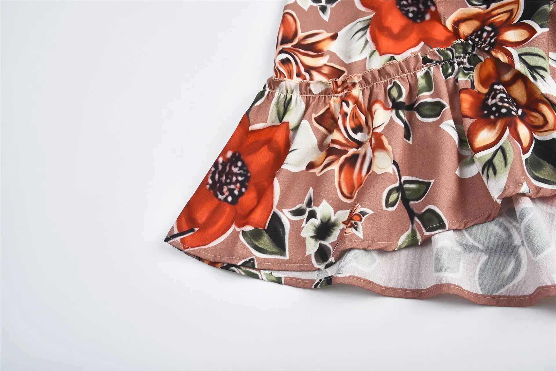 One-shoulder Wrapped Chest Ruffled Chiffon Print Dress